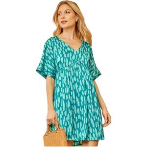 Emily Wonder Women's Small Oversized V Neck Short Sleeve Mini Dress Green Blue